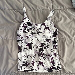 Floral Print Women's Athletic Top w shelf bra - Black white and Purple